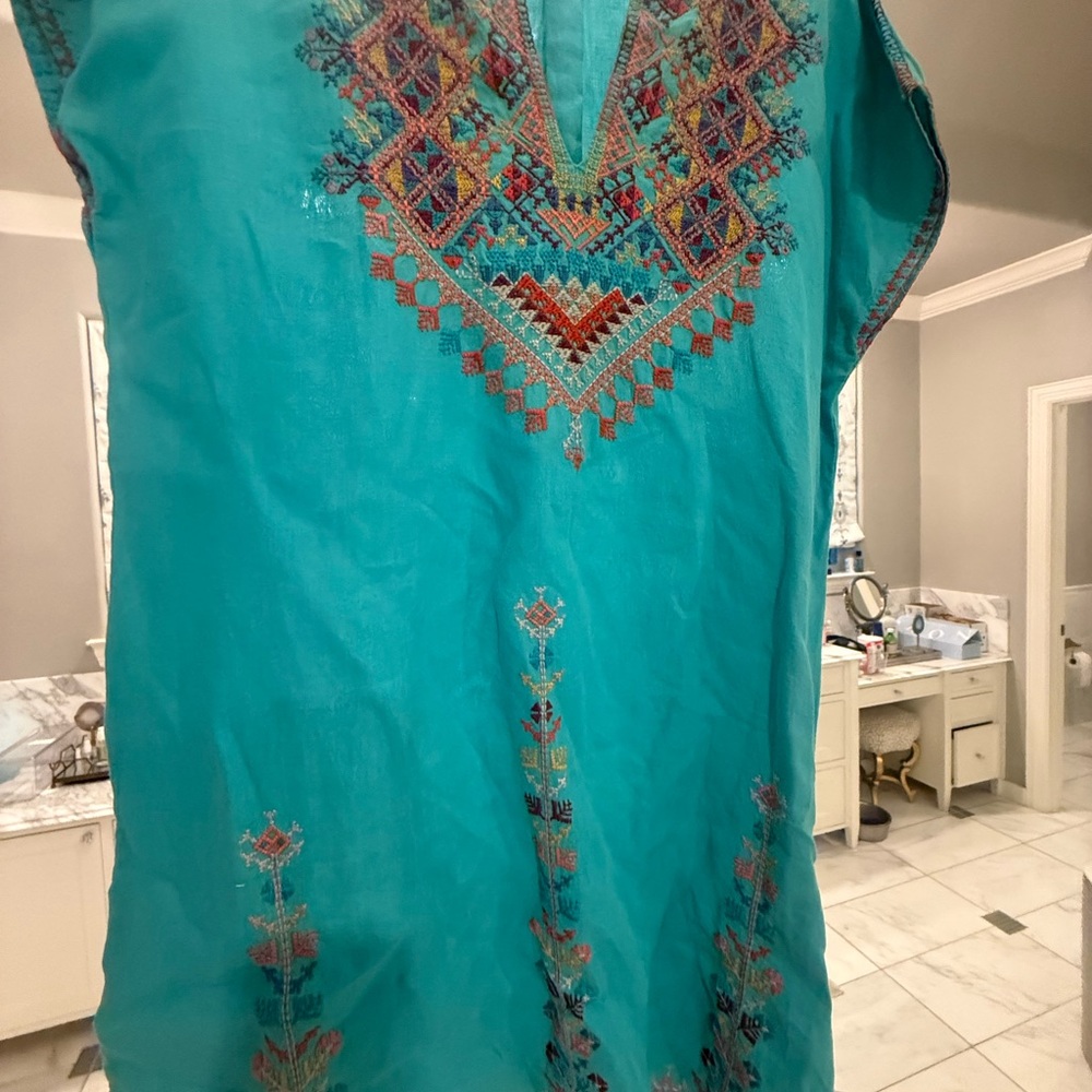 Johnny Was Turquoise Lonen Embroidered Split-Neck Tunic - Picture 4 of 4